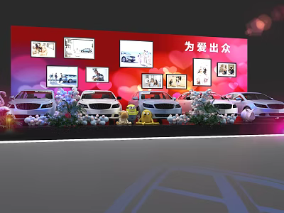 Car Show Event Setup With Red Background Screens White Vehicles And Flower Decorations 3d model