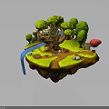 Enchanting Tree House Building on Floating Island with Trees Stream Path Pink Mushroom and Animals