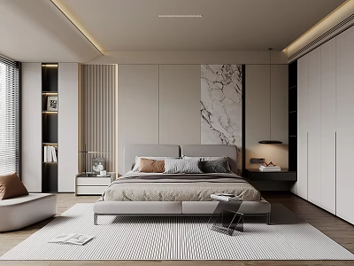 Modern Bedroom Interior With Platform Bed Nightstand Marble Artwork Rug And Built In Wardrobe 3d model