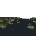 Serene Waterfront Landscape With Meandering Stream Smooth Stones Lush Grass And Aquatic Plants