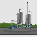 Industrial Plant With Large Silver Tanks Pipes Blue Equipment On Concrete Platform And Green Trees