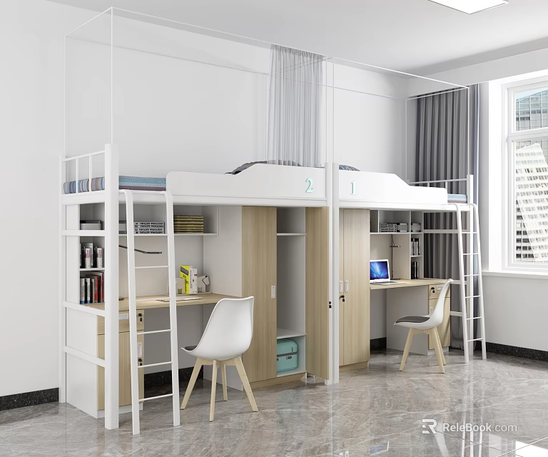 School Dormitory Interior With Bunk Beds Study Desks Chairs Storage Cabinets And Window Curtains 3d model