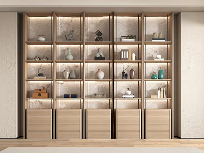 Modern Wooden Decorative Cabinet With Open Compartments Drawers Built in Lighting And Decorative Items 3d model