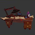 Red Wooden Desk With Table Lamp Open Book Papers And Ink Bottle