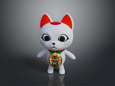 White Lucky Cat Doll With Red Ears Green Collar And Golden Lucky Charm 3d model