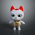White Lucky Cat Doll With Red Ears Green Collar And Golden Lucky Charm