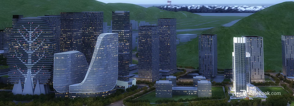 Modern High Rise Residential Buildings Featuring Unique Curved Design with Green Hills and Vibrant Lights 3d model 