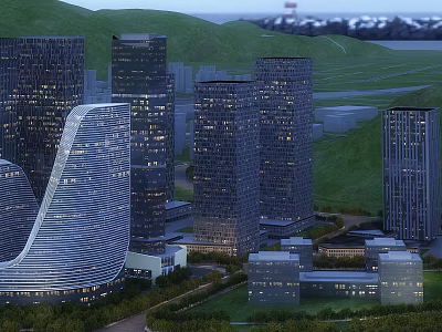 Modern High Rise Residential Buildings Featuring Unique Curved Design with Green Hills and Vibrant Lights 3d model