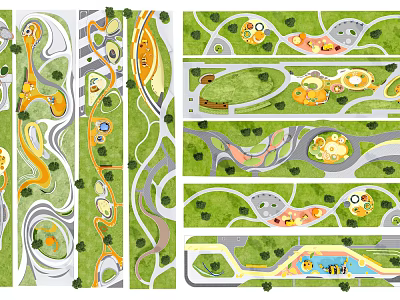 Park Landscape Design With Green Lawns Winding Paths Rest Areas And Recreational Spots 3d model