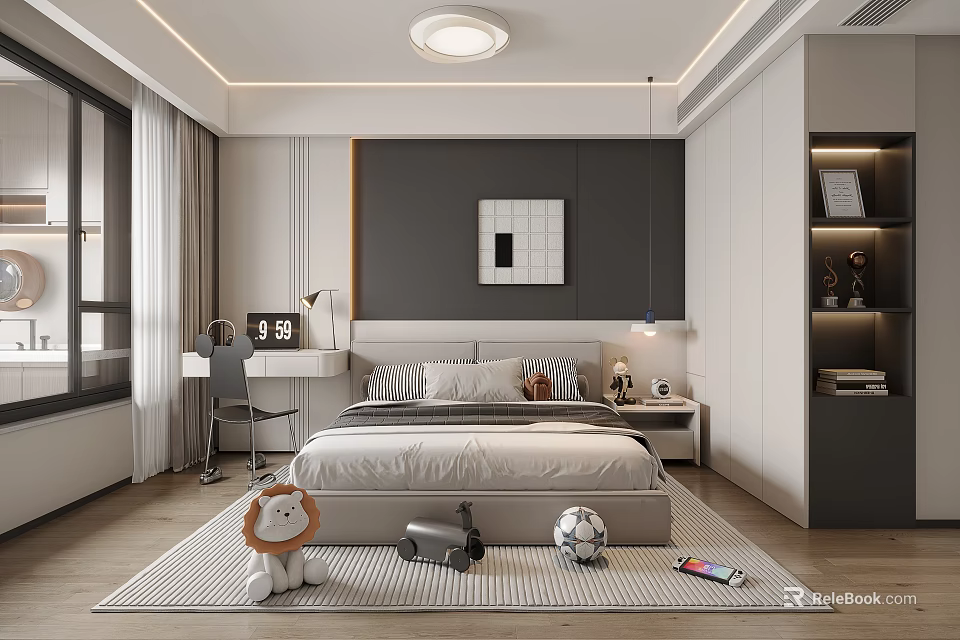 Modern Kids Bedroom Interior With Cozy Bed Decorative Art Toys On Rug Desk And Wardrobe 3d model 