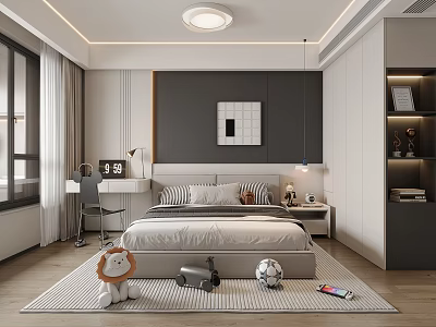 Modern Kids Bedroom Interior With Cozy Bed Decorative Art Toys On Rug Desk And Wardrobe 3d model