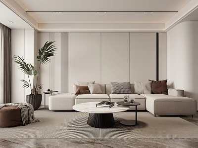 Modern Living Room Featuring Light Sofa Colored Cushions Round Coffee Table And Large Green Plant 3d model