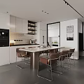 Modern Restaurant Interior Design With Open Kitchen White Cabinets Island Counter And Brown Chairs
