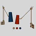 Contemporary Wall Lamps With Blue Red Conical Shades Adjustable Brass Arms And Decorative Balls