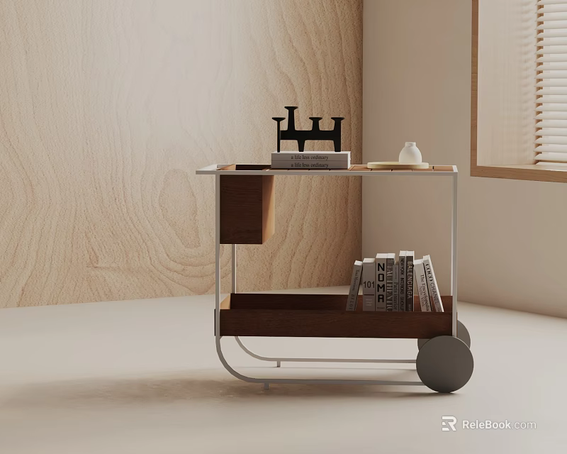 Modern Mobile Side Table With Wooden Top Metal Frame Wheels And Decorative Objects In Interior 3d model 