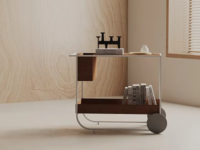 Modern Mobile Side Table With Wooden Top Metal Frame Wheels And Decorative Objects In Interior 3d model