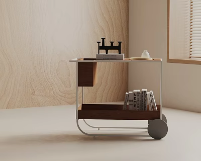 Modern Mobile Side Table With Wooden Top Metal Frame Wheels And Decorative Objects In Interior 3d model