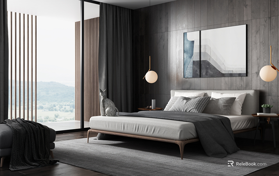 Double Bed In Modern Bedroom With Gray Walls Floor To Ceiling Windows And Mountain View 3d model 