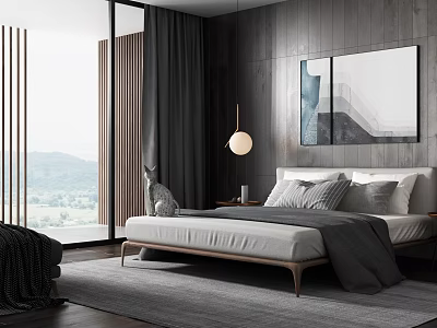 Double Bed In Modern Bedroom With Gray Walls Floor To Ceiling Windows And Mountain View 3d model