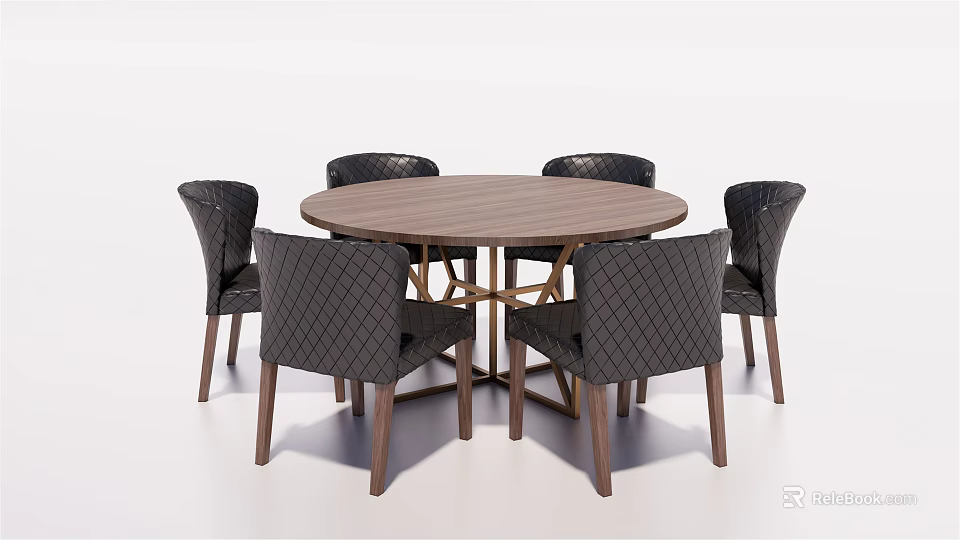 Modern Round Wooden Dining Table Set With Six Tufted Diamond Pattern Chairs 3d model
