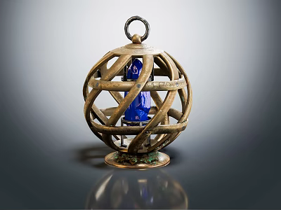 Metal Spherical Lantern With Intricate Woven Structure And Blue Light Inside 3d model