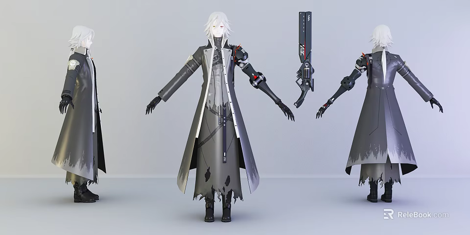 White Haired Game Character Design With Black Long Coat Mechanical Arm Tattered Edges And Blade 3d model