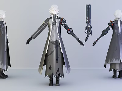 White Haired Game Character Design With Black Long Coat Mechanical Arm Tattered Edges And Blade 3d model