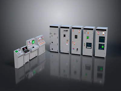 Industrial Electrical Control Panels And Cabinets With Digital Displays Control Buttons And Green Indicators 3d model