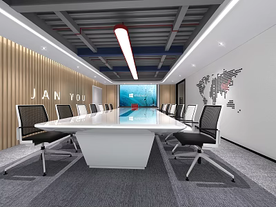 Modern Conference Room Interior With Long Table Chairs World Map Large Screen And Ceiling Lights 3d model