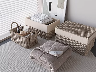 Stylish Wicker Storage Baskets For Home Organizing With Folded Towels And Quilt On Soft Rug 3d model