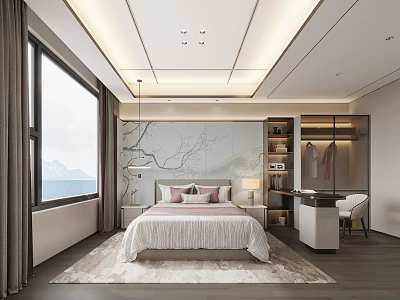 Modern Light Luxury Bedroom With Large Window Mountain View Soft Bed Built-in Wardrobe And Study Desk 3d model