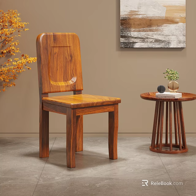 Natural Solid Wood Dining Chair With Side Table Small Plant And Decorative Painting 3d model 