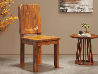 Natural Solid Wood Dining Chair With Side Table Small Plant And Decorative Painting 3d model