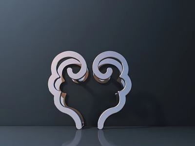 Silver Metal Heart Shaped Symmetric Curved Design Handles With Reflection On Dark Background 3d model
