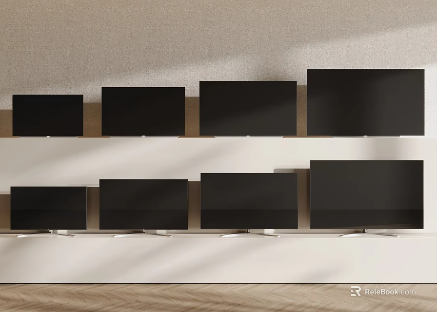 Modern Televisions in Various Sizes Arranged on Wall Mounted Display Shelves 3d model