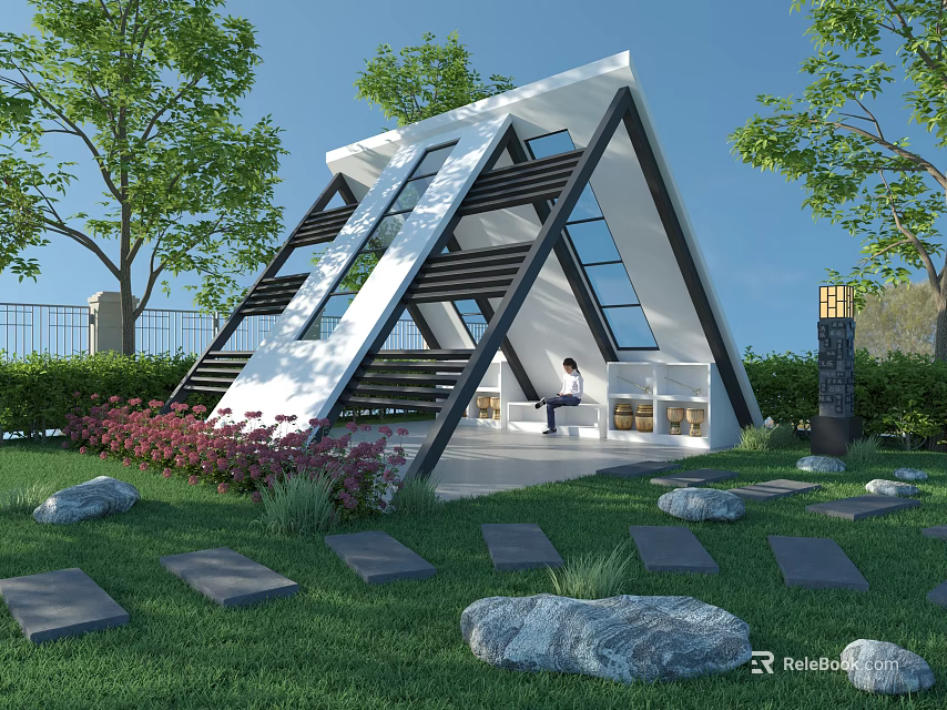Modern Triangular Pavilion With Open Glass Structure Lawn Stone Path And Greenery 3d model 