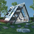 Modern Triangular Pavilion With Open Glass Structure Lawn Stone Path And Greenery 3d model