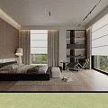 Modern Bedroom Interior Design With Wooden Walls Bed Large Windows Curtains And Bookshelves