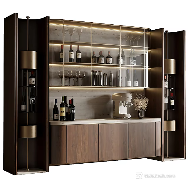 Elegant Modern Wine Cabinet With Glass Doors Wooden Storage And Wine Bottles 3d model 