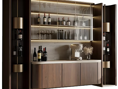 Elegant Modern Wine Cabinet With Glass Doors Wooden Storage And Wine Bottles 3d model