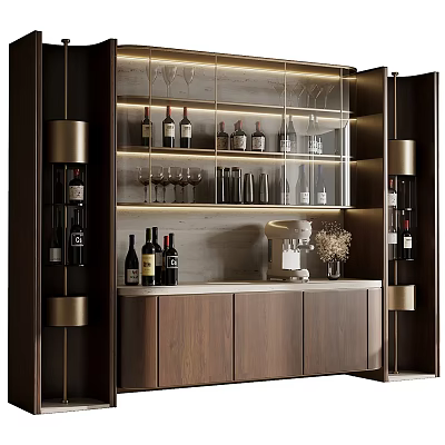 Elegant Modern Wine Cabinet With Glass Doors Wooden Storage And Wine Bottles 3d model
