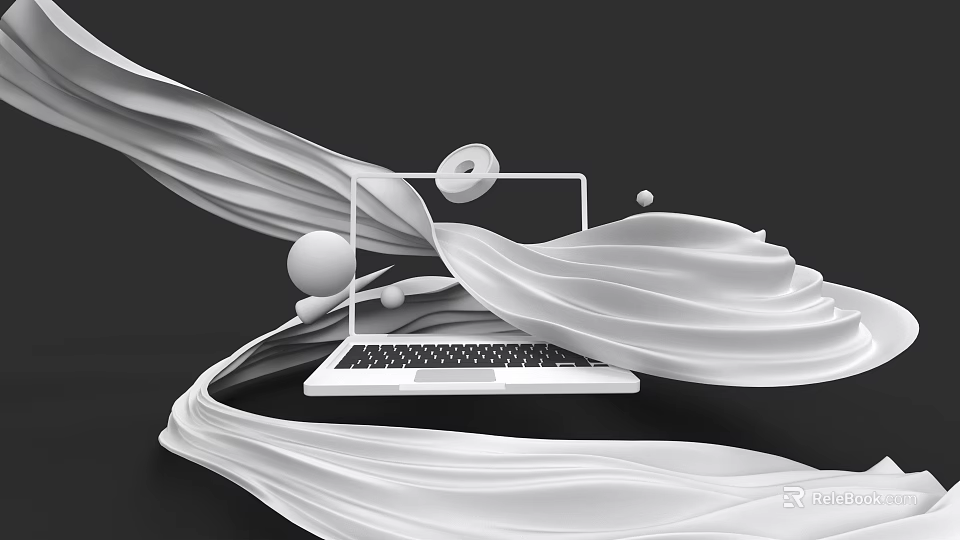 White Laptop With Flowing White Fabric And Circular Decorative Elements On Black Background 3d model 