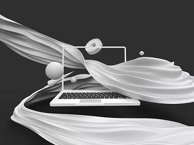 White Laptop With Flowing White Fabric And Circular Decorative Elements On Black Background 3d model