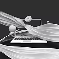 White Laptop With Flowing White Fabric And Circular Decorative Elements On Black Background 3d model