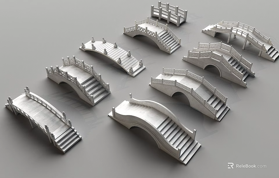 Various Designed Landscape Bridge Models With Arched And Flat Shapes And Steps 3d model 