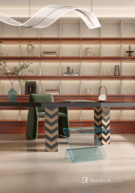 Modern Office Desk With Green Chair Glass Coffee Table And Shelves Featuring Vase Books Decorations 3d model 