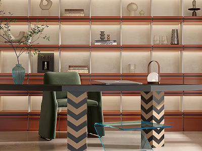 Modern Office Desk With Green Chair Glass Coffee Table And Shelves Featuring Vase Books Decorations 3d model