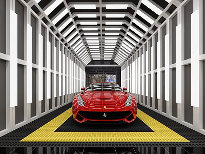 Red Ferrari Convertible Sports Car In Modern Tunnel With Grid Ceiling And Yellow Mat 3d model