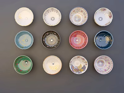 Twelve Washbasins With Various Colors And Different Patterns Arranged 3d model