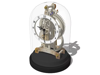 Vintage Mechanical Clock With Glass Dome White Dial Exposed Gears Black Base 3d model